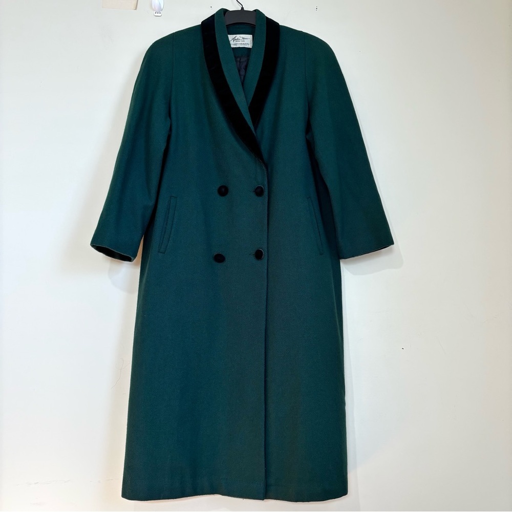 Vintage Andrea Marin green double breasted velvet shawl collar wool long coat 16